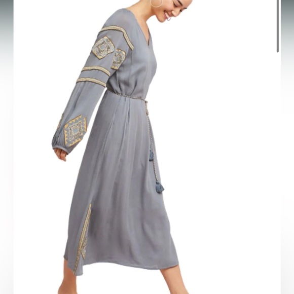 FLASH SALE Anthropologie Women’s Riya Beaded Grey Tunic Midi Dress w Tassel Belt - Picture 2 of 8